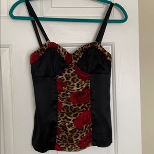 EXPRESS silk tank/corset w. rose & leopard inlay